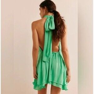 Free People Tiki Time Mini Dress Drop Waist mint green Halter Summer M